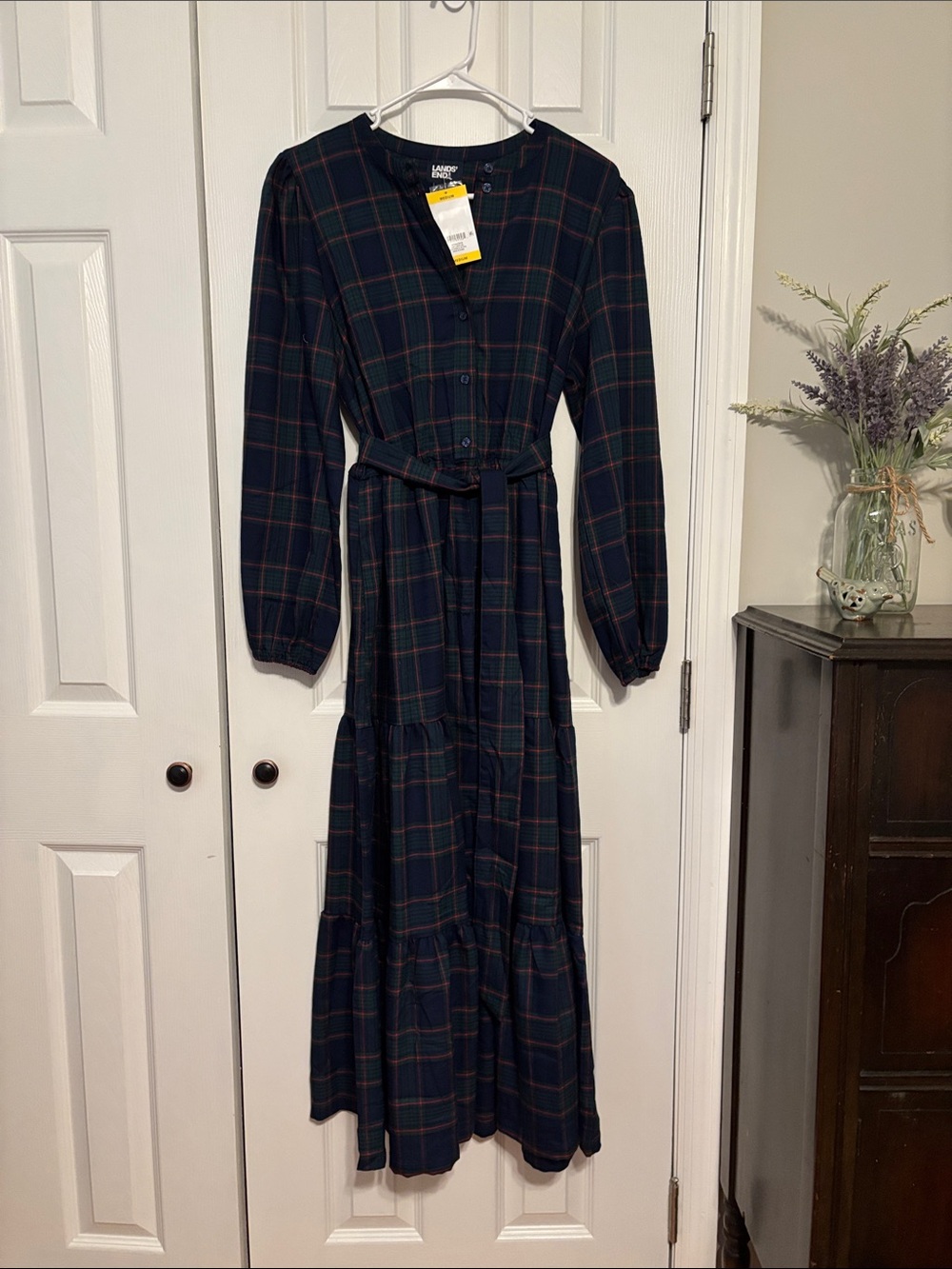 Lark & Ro Dark Navy Plaid Long-Sleeve Belted Maxi Dress